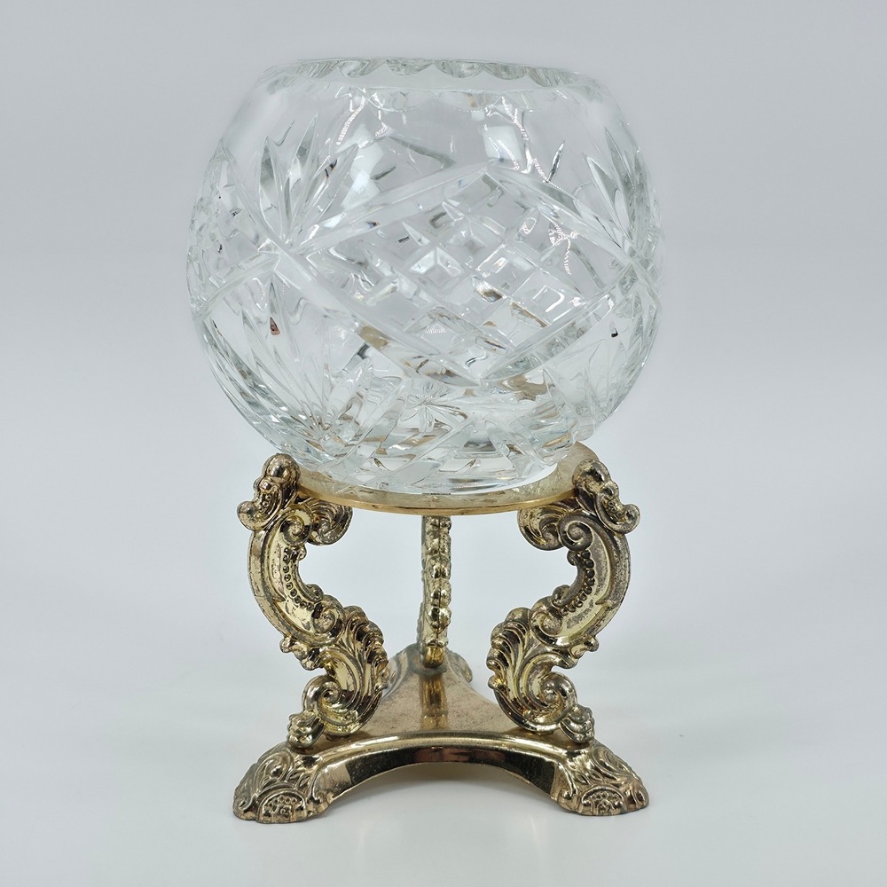 Godinger Shannon Crystal Rose Bowl with Gold Ornate Metal Stand Centerpiece